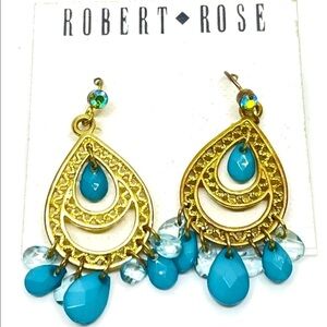 Robert Rose Vintage Gold Tone Blue Dangle Earrings